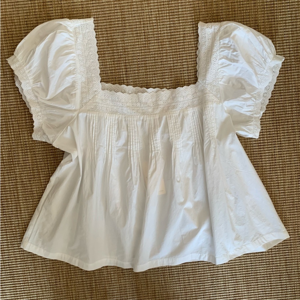 NWT Doen Francia Cotton Poplin Eyelet Pintuck Puff Sleeve Blouse Top Salt White - Picture 7 of 13